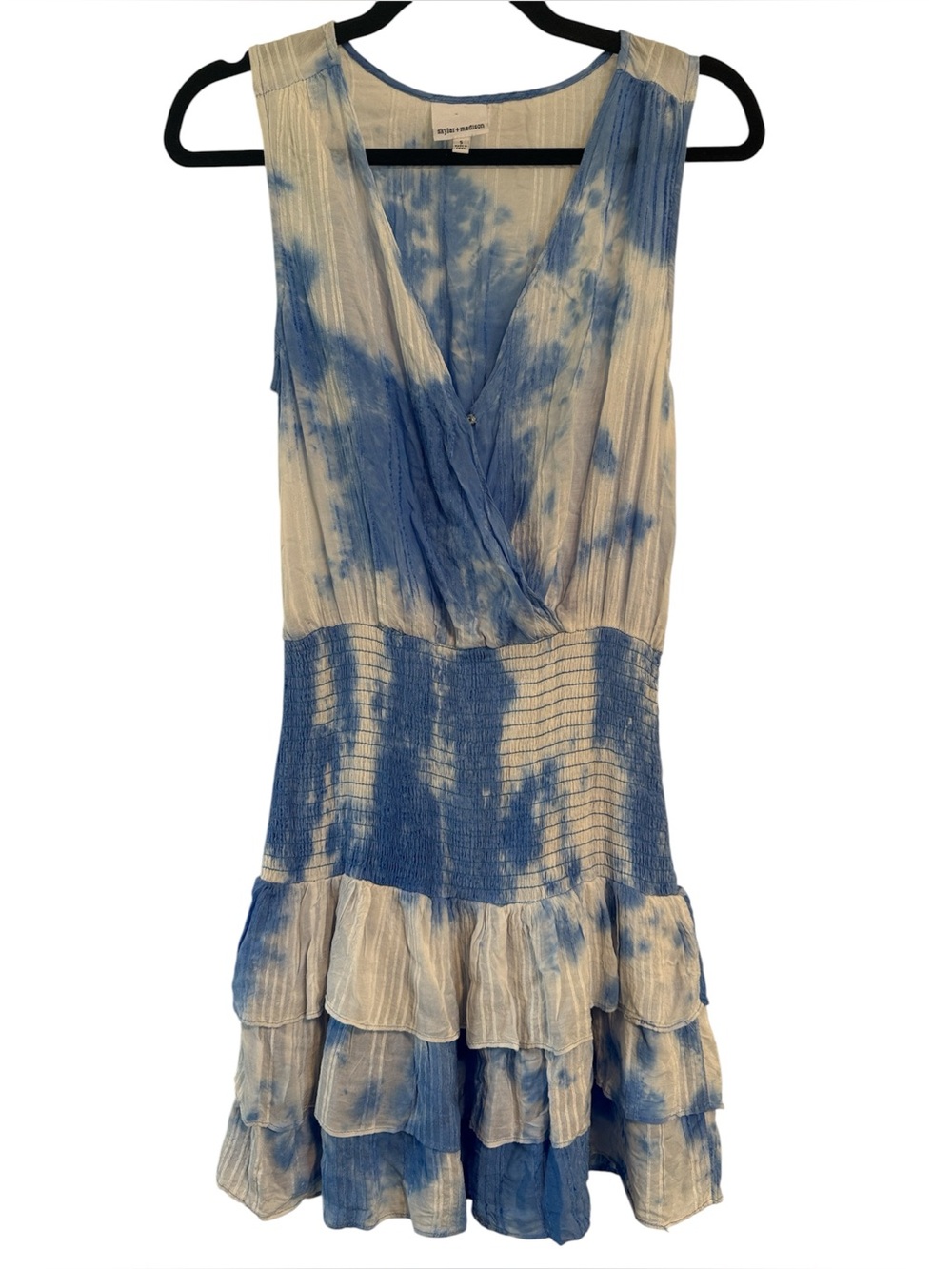 Skylar + Madison Blue and White Tie Dye Smocked and Ruffled Dress